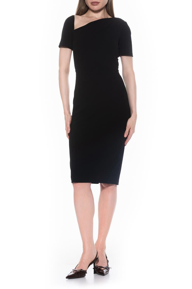 Skylar Asymmetric Neck Short Sleeve Midi Dress, Main, color, BLACK