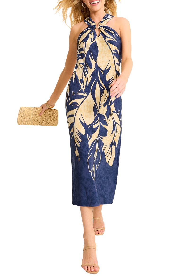 Regal Fronds Midi Dress, Main, color, ISLAND NAVY