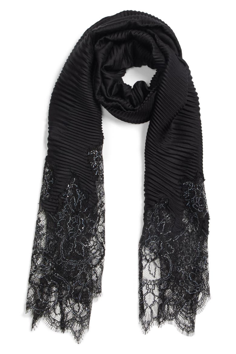 Valentino Lace Plissé Wrap, Alternate, color, BLACK