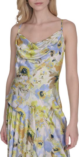 Floral Cowl Neck Satin Gown