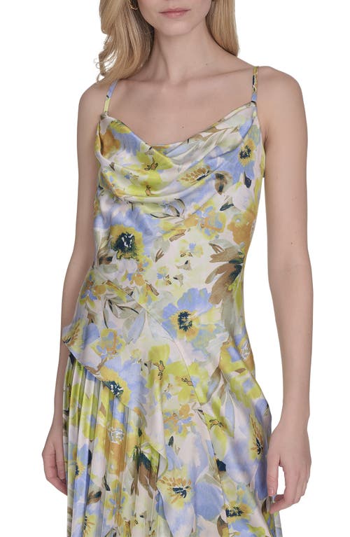 Vince Camuto Floral Cowl Neck Satin Gown In Blue Multi