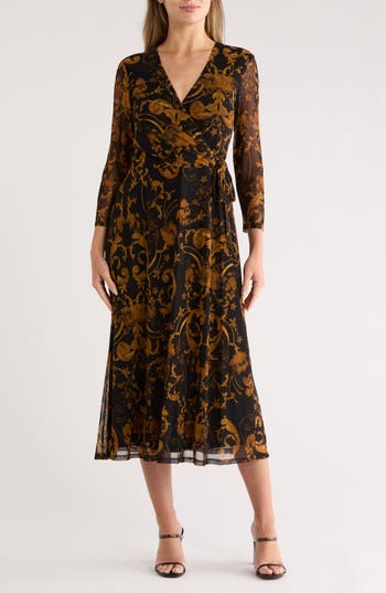 Connected Apparel Long Sleeve Wrap Style Mesh Dress In Brown
