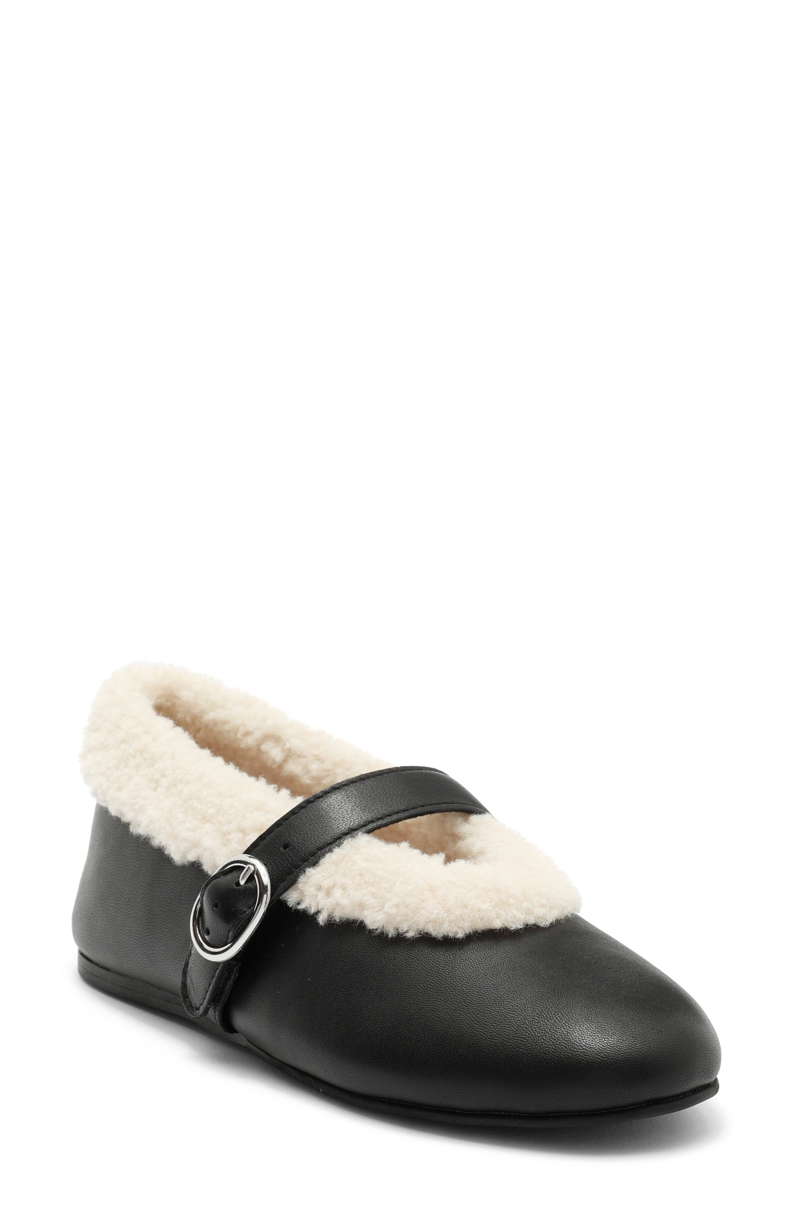Steve Madden Lodge Faux Shearling Lined Mary Jane Flat, Main, color, Black Leather