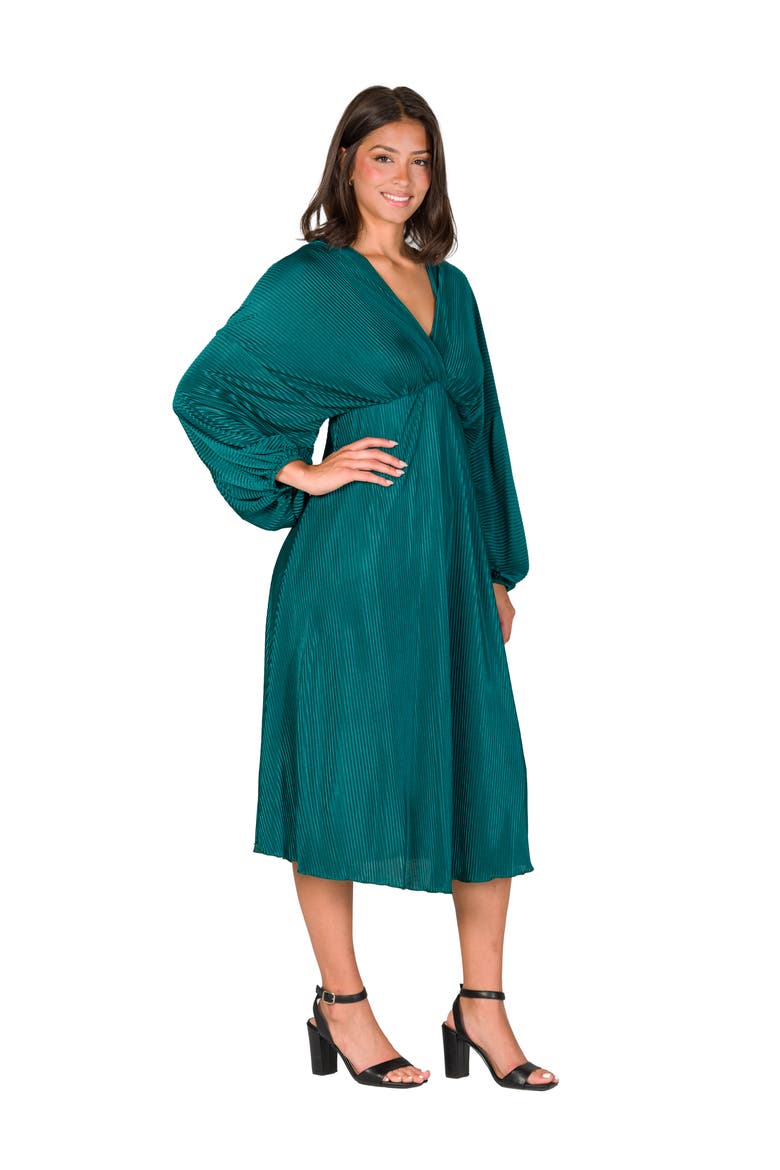 Shimmer Pleated V-neck Empire Waist Bishop Sleeve Midi Dress, Alternate, color, Hunter