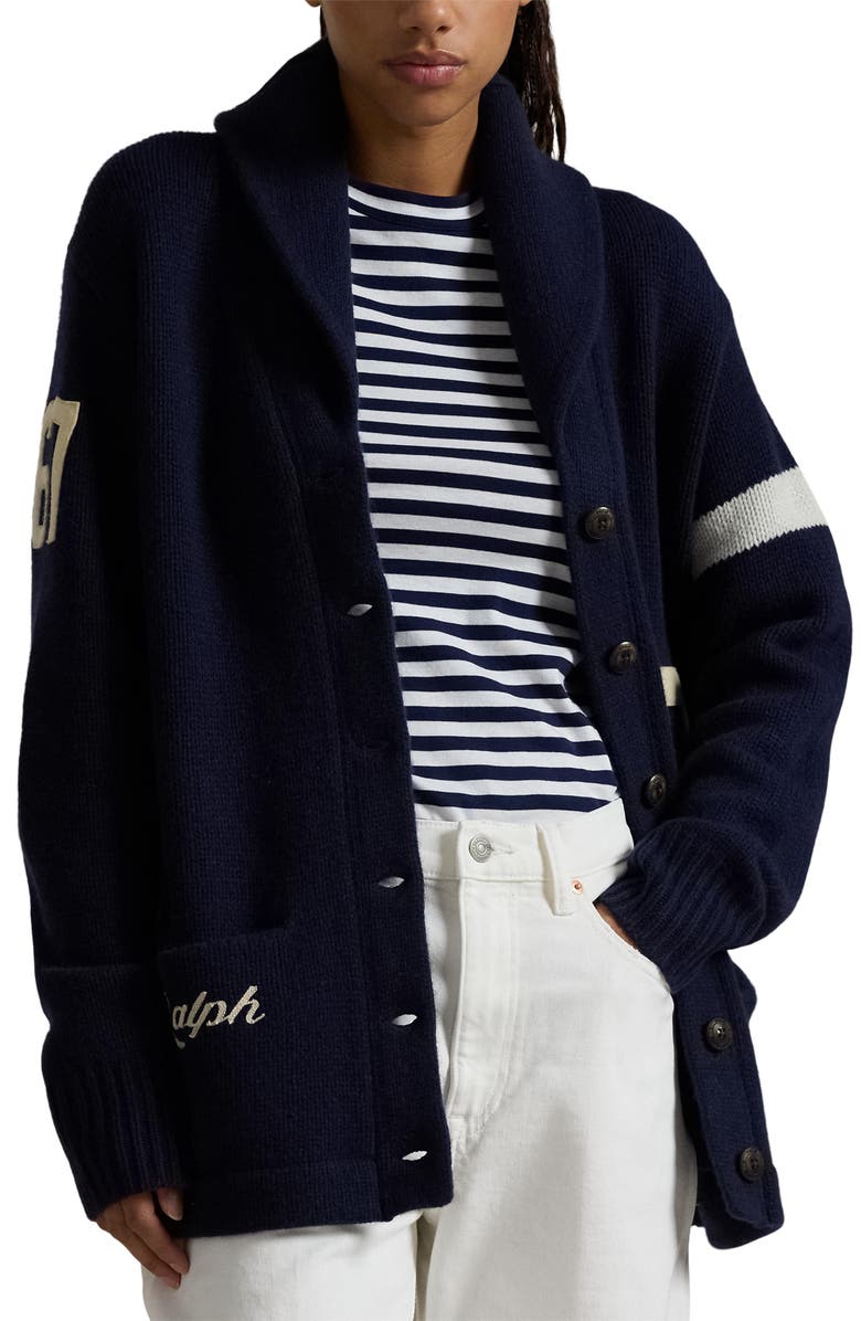 Polo Ralph Lauren Varsity Long Wool Cardigan, Main, color, 