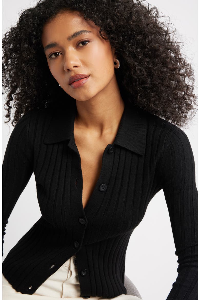 Collared Rib Cardigan, Alternate, color, BLACK