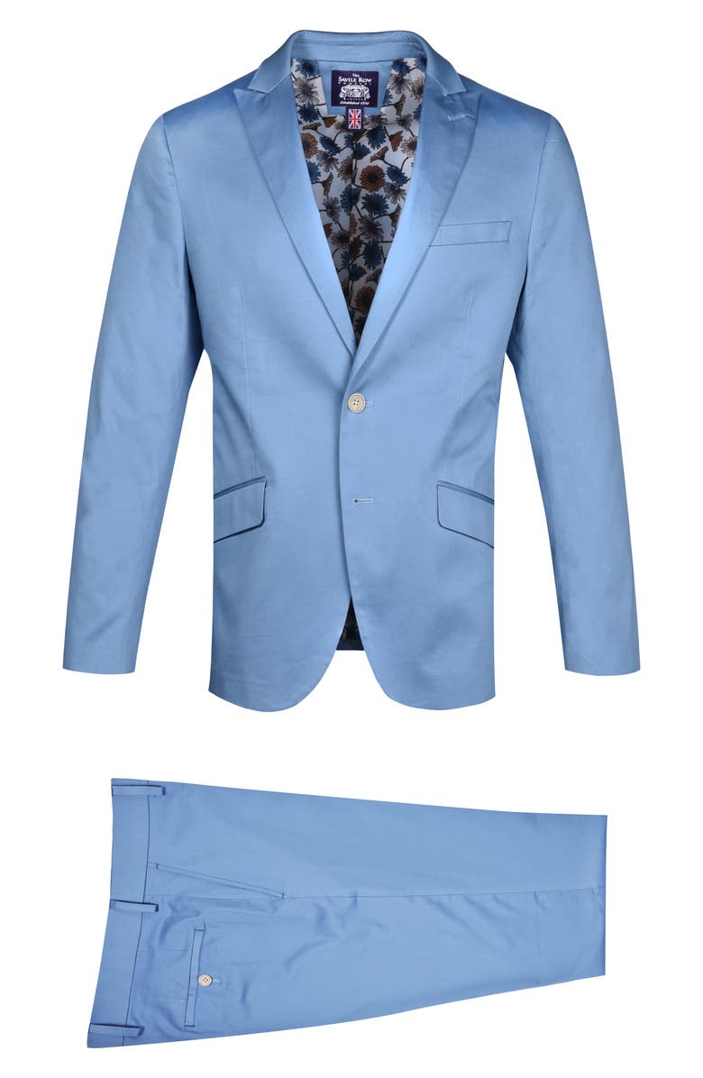 SAVILE ROW CO Brixton Light Blue Solid Two Button Peak Lapel Trim Fit Stretch Cotton Suit, Main, color, 