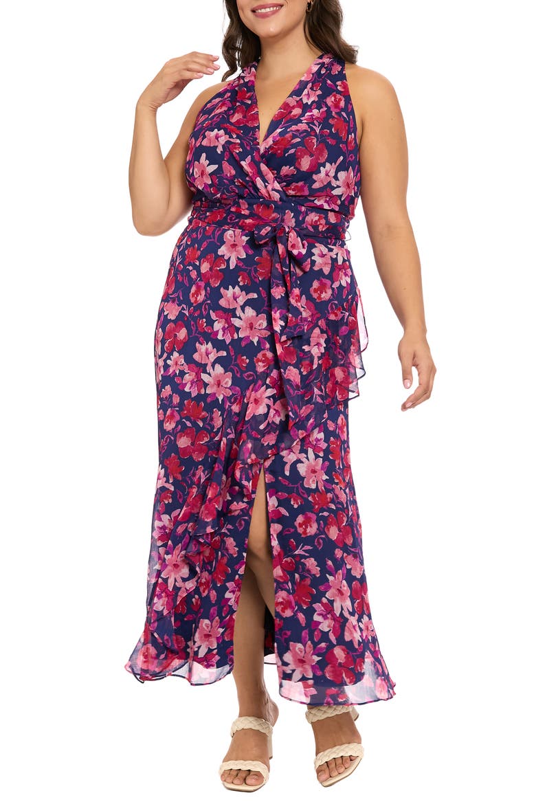 Tie Waist Maxi Dress, Main, color, NAVY/ SALMON