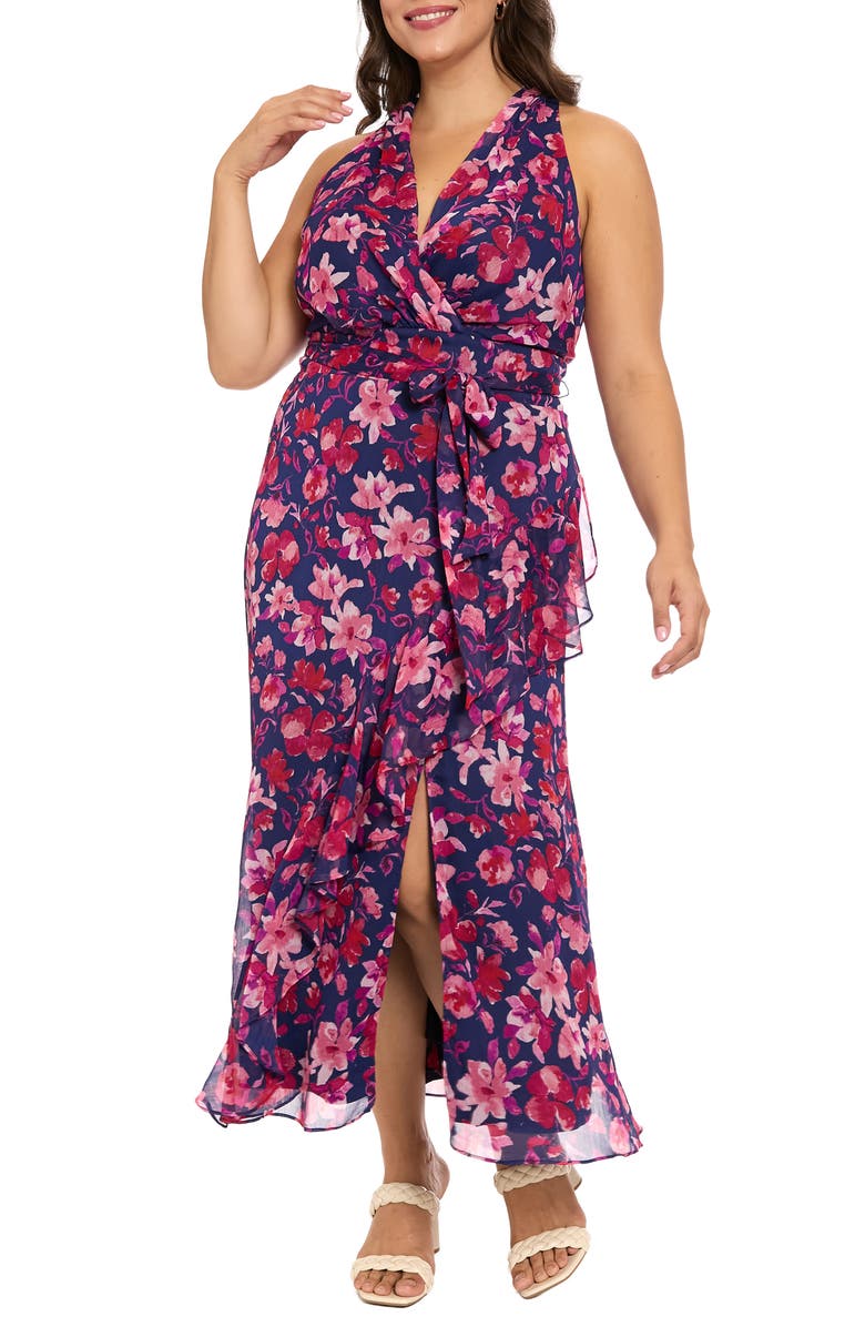 London Times Tie Waist Maxi Dress, Main, color, Navy/ Salmon