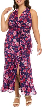 London Times Tie Waist Maxi Dress