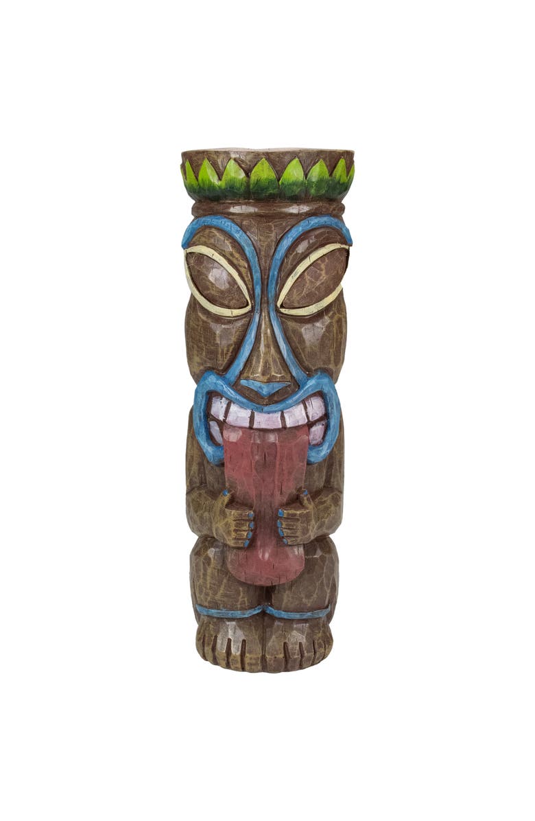 Northlight 16" Solar Lighted Polynesian Outdoor Garden Tongue Out Tiki Statue, Main, color, Brown