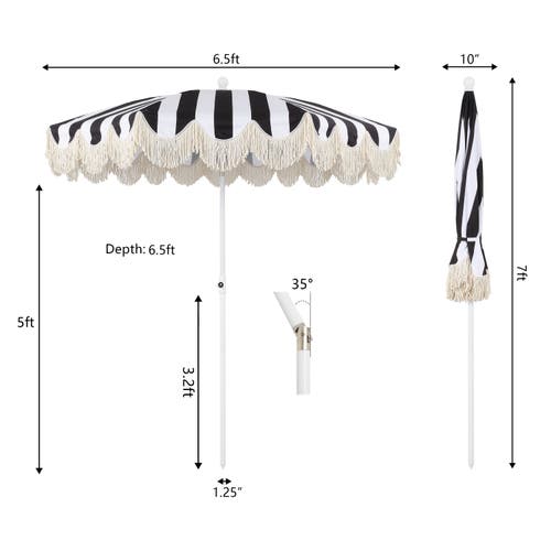 Jonathan Y Mariner 6.5 Ft. Classic Cottage Fringe Tassel Market Beach Umbrella With Push Button Tilt In Brown