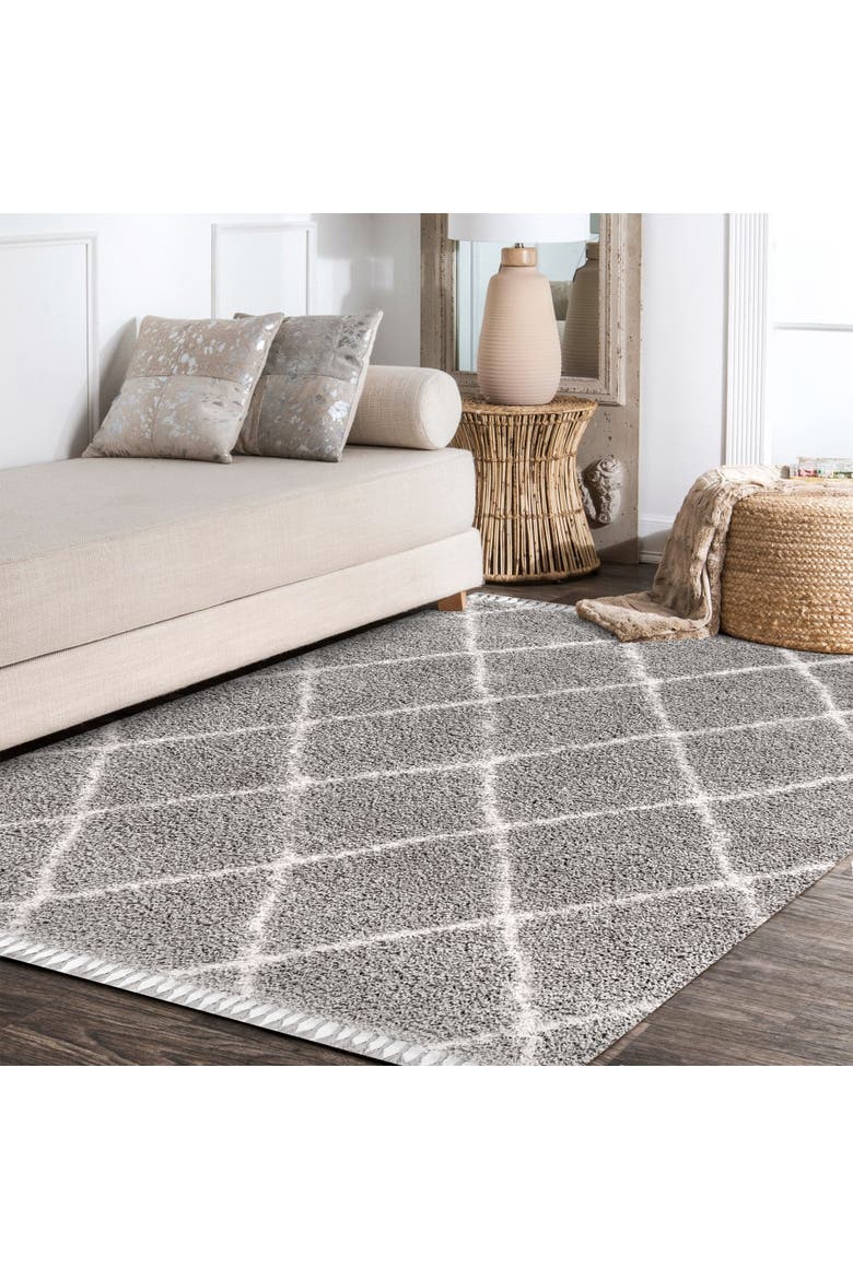 Mercer Shag Plush Tassel Moroccan Geometric Trellis Denim Area Rug, Alternate, color, Gray/Cream