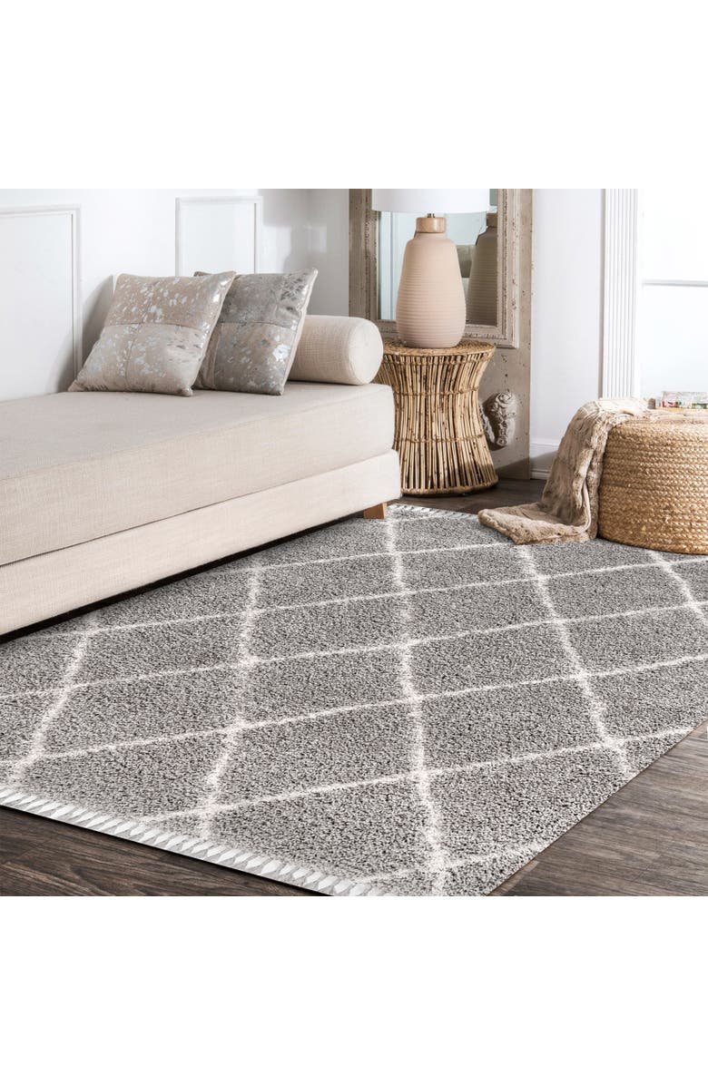 JONATHAN Y Mercer Shag Plush Tassel Moroccan Geometric Trellis Denim Area Rug, Alternate, color, Gray/Cream