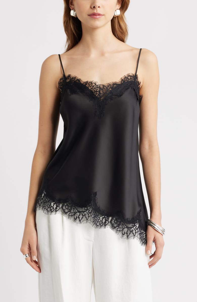 Open Edit Lace Trim Satin Camisole, Main, color, Black