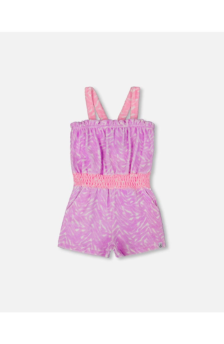 Deux par Deux Little Girl's Printed Terry Cloth Romper Vibrant Pink And White, Main, color, 