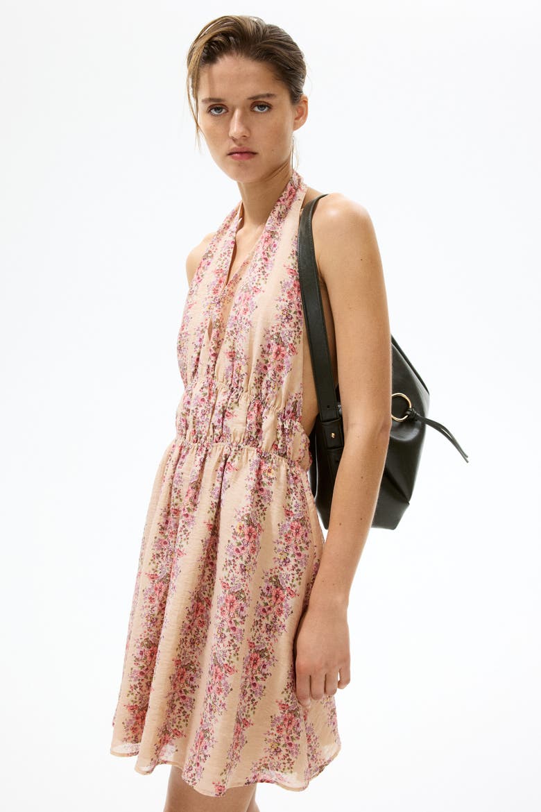 Flared-skirt Halterneck Dress, Main, color, Light dusty pink/floral