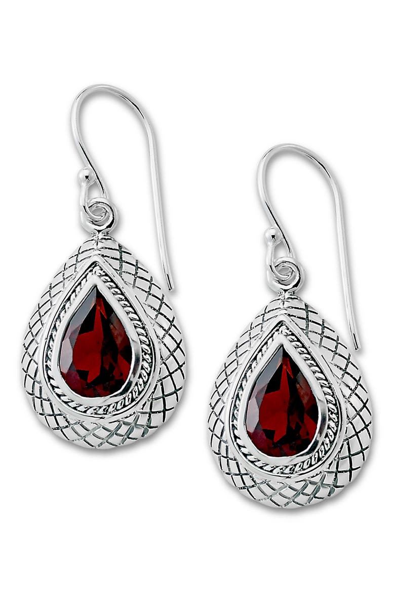 Sterling Silver Pear Cut Garnet Drop Earrings, Main, color, RED
