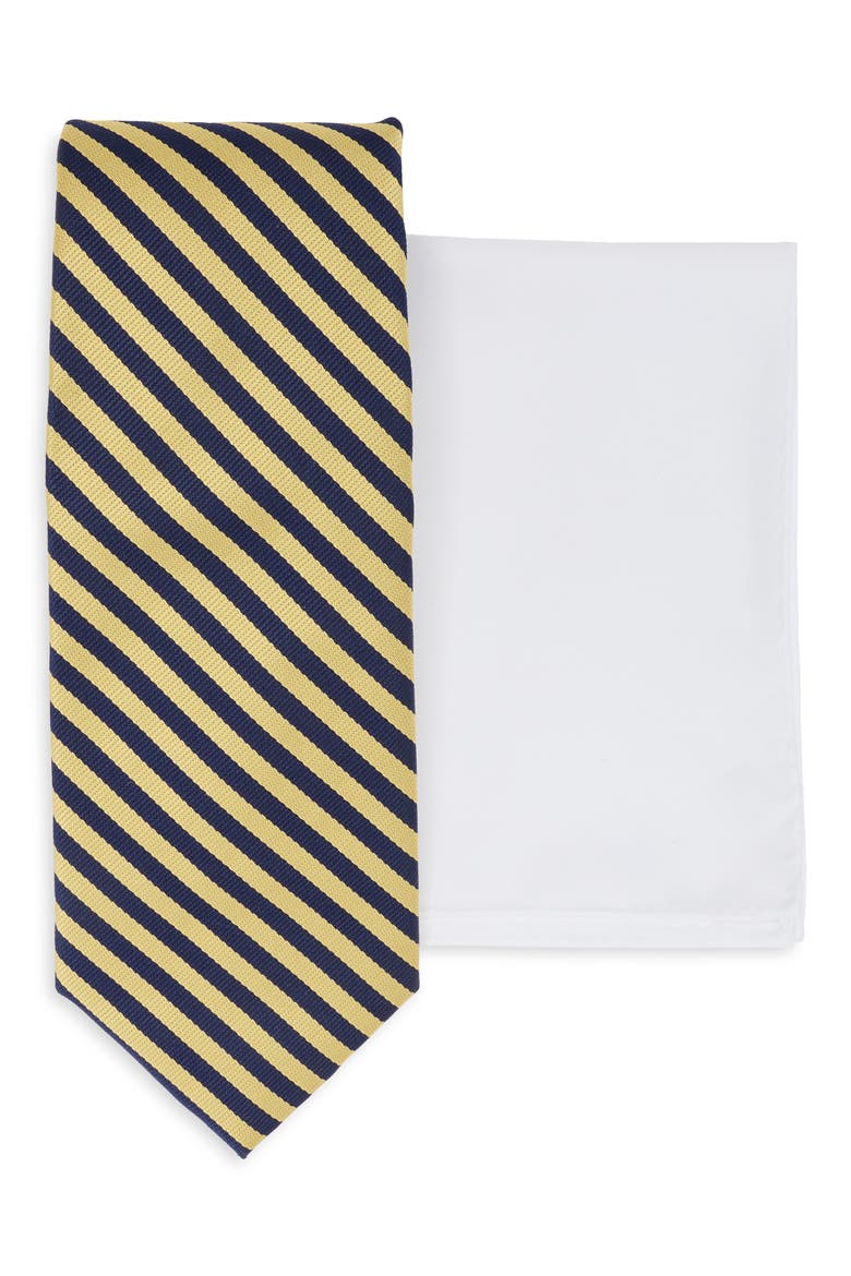 Striped Tie & Pocket Square Set, Main, color, YELLOW