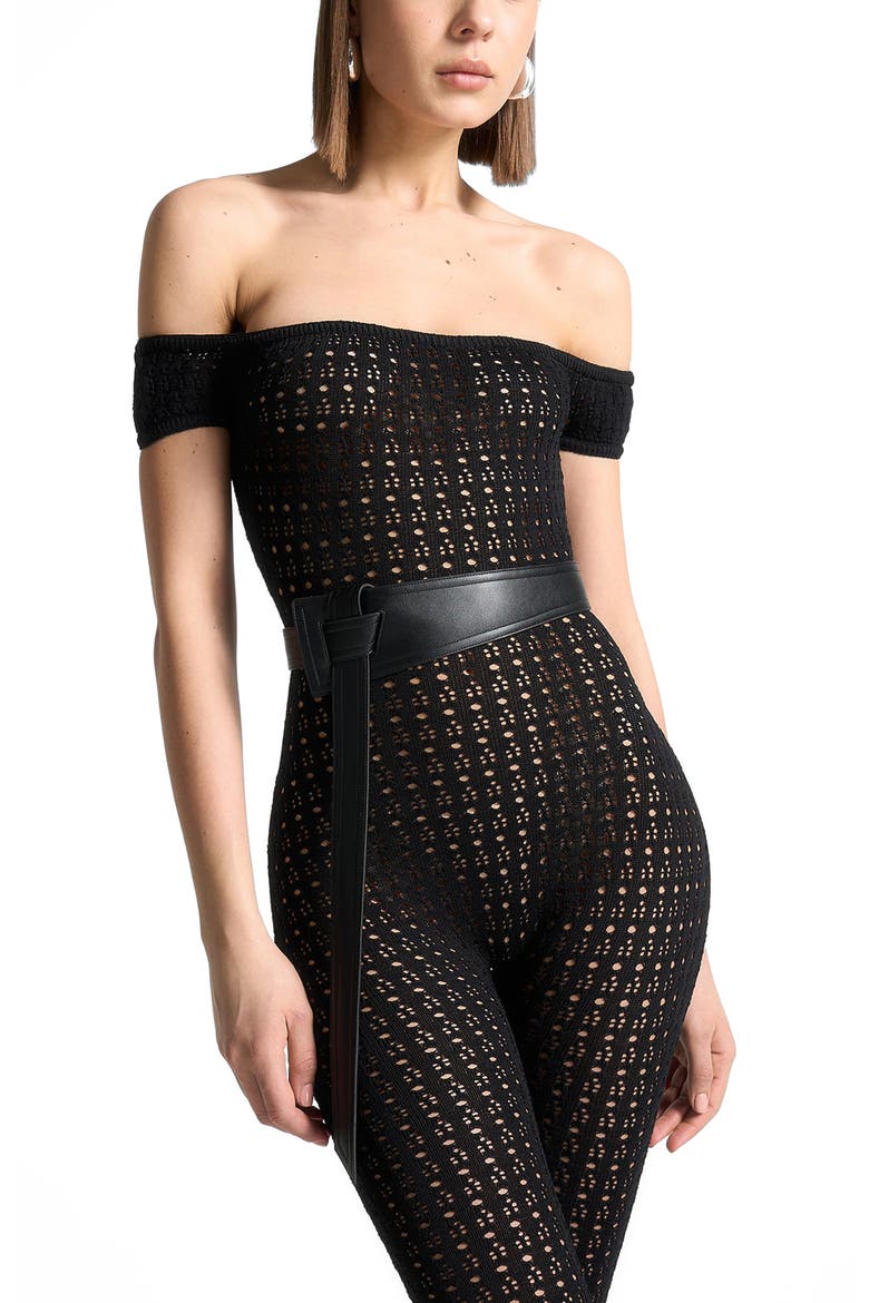 Martine Pointelle Knit Bardot Jumpsuit with Belt, Alternate, color, Black