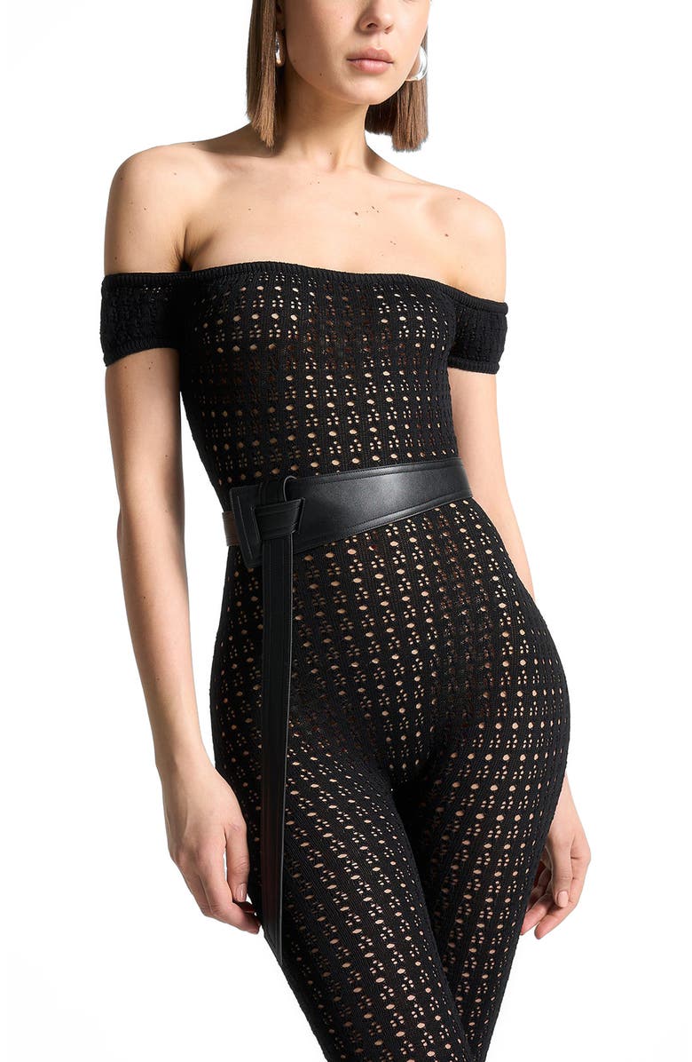 Manière De Voir Martine Pointelle Knit Bardot Jumpsuit with Belt, Alternate, color, Black