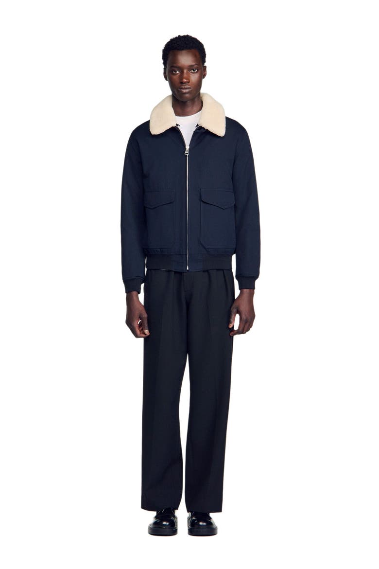 Shearling collar aviator jacket, Alternate, color, Navy blue