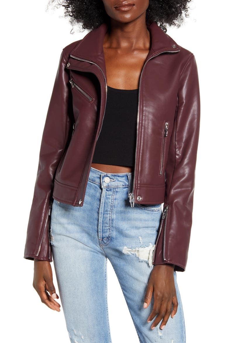 The Essentials Faux Leather Moto Jacket, Main, color, BURGUNDY