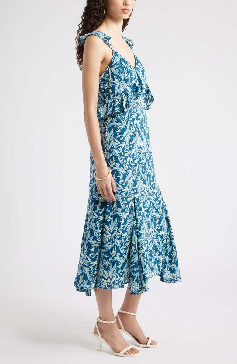 Chelsea28 Floral Print Ruffle Midi Dress, Alternate, color, Teal- Blue Tropical Paint