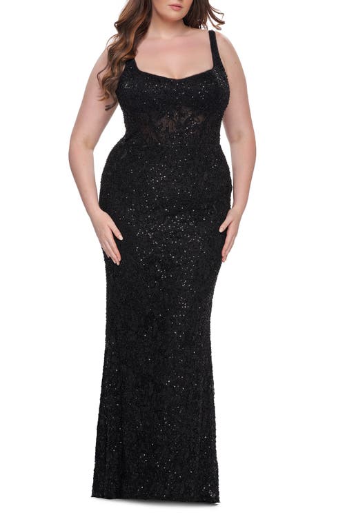 La Femme Fitted Beaded Lace Plus Size Prom Dress With Illusion Waist