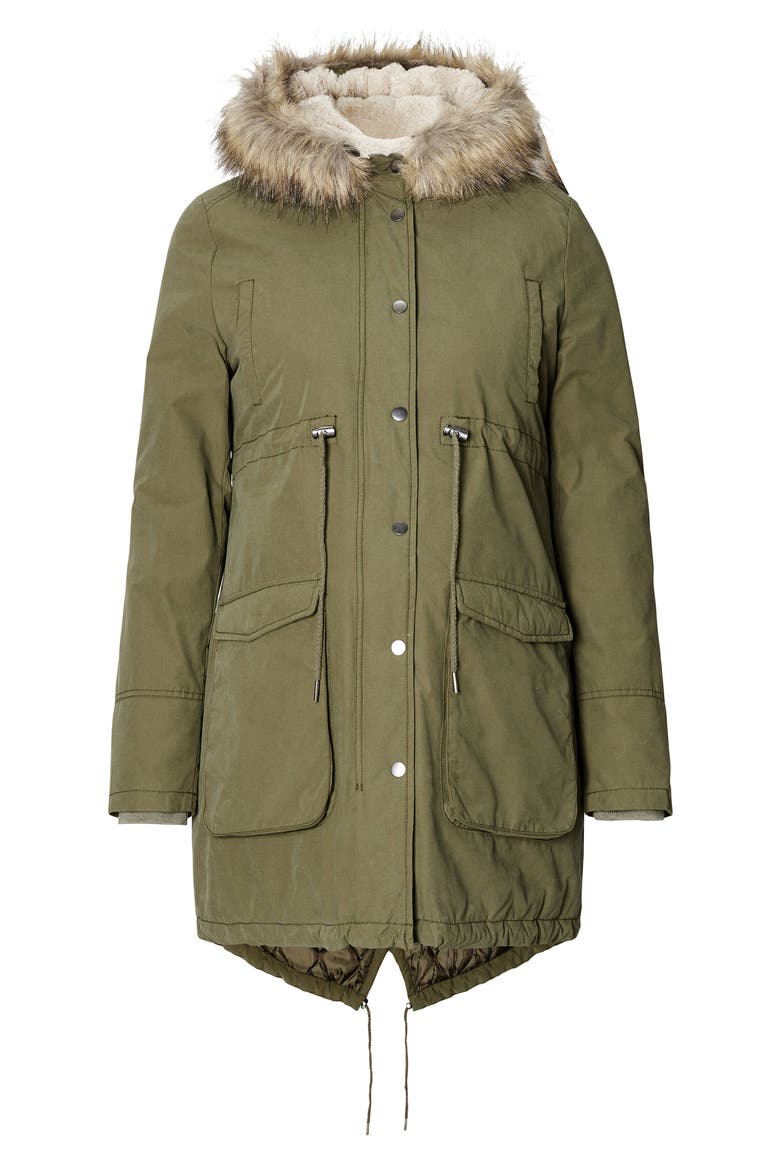 Malin Maternity Jacket with Faux Fur Trim, Main, color, ARMY