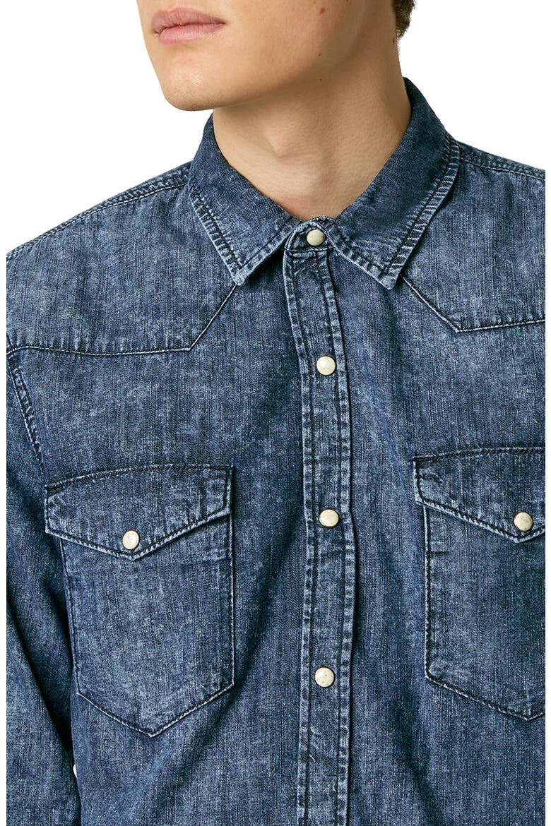 Acid Wash Denim Western Shirt, Alternate, color, MID BLUE