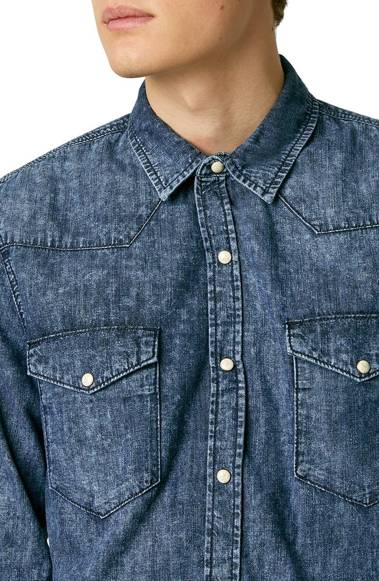 Topman Acid Wash Denim Western Shirt, Alternate, color,