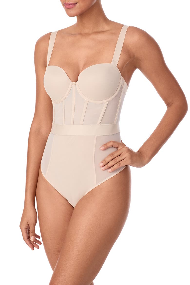Sheers Strapless Underwire Bodysuit, Alternate, color, CASHMEREND