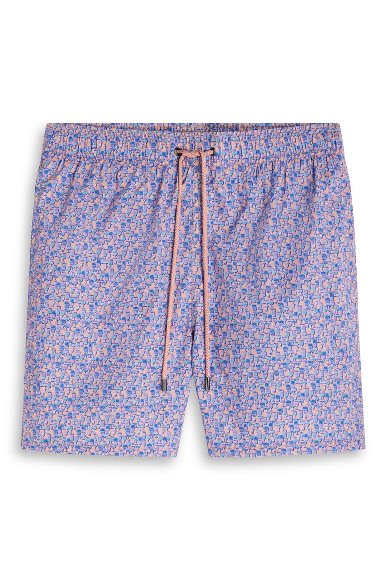 Bugatchi Kai Cocktail Print Swim Trunks, Alternate, color, Peach