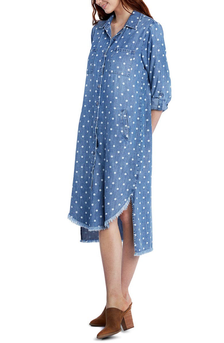 Billy T Three-Quarter Sleeve High-Low Chambray Shirtdress, Alternate, color, Dots