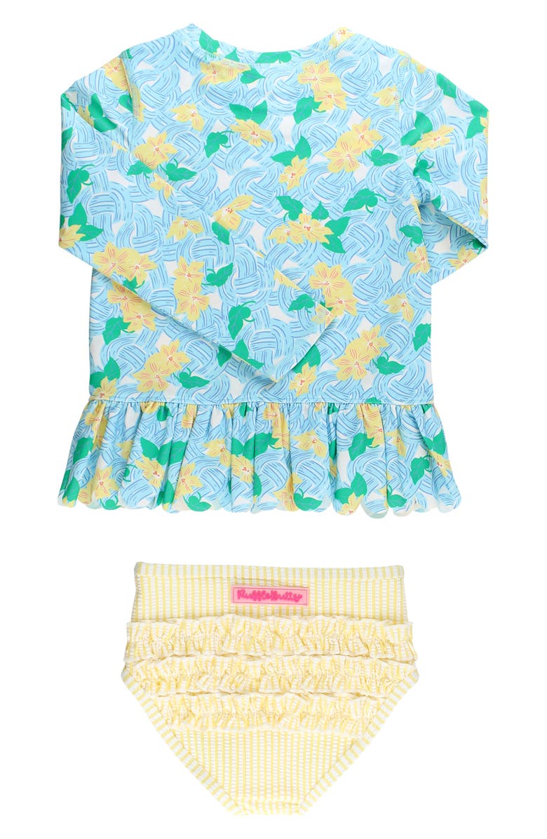 RuffleButts Kids' Blooming Basket Long Sleeve UPF 50+ Two-Piece Rashguard Swimsuit, Alternate, color, Blue