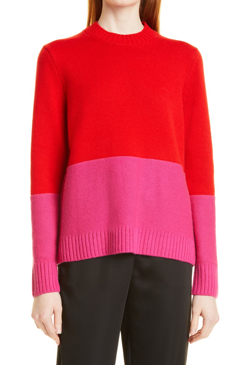 Colorblock Wool & Cashmere Sweater, Main, color, REAL RED/ SHOCK PINK