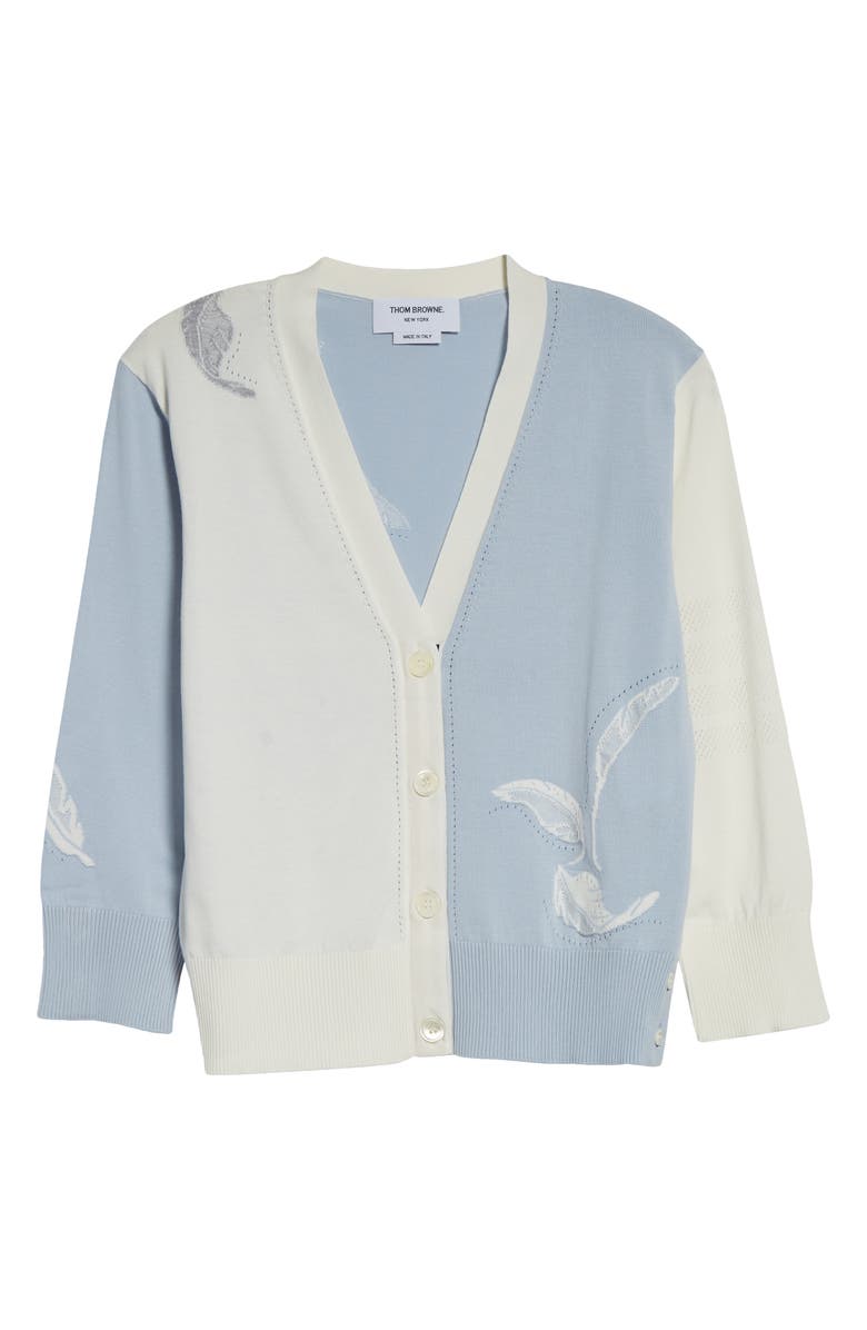 Thom Browne Fun-Mix 4-Bar Feather Intarsia Three Quarter Sleeve Cardigan, Alternate, color, Light Blue