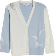 Thom Browne Fun-Mix 4-Bar Feather Intarsia Three Quarter Sleeve Cardigan
