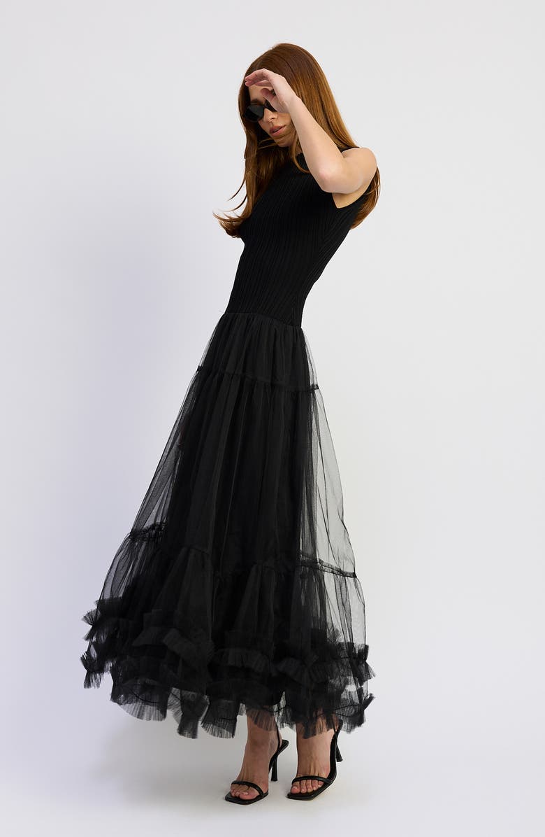 En Saison Darcy Mixed Media Tulle Gown, Alternate, color, Black