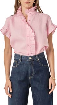 English Factory Ruffle Trim Linen Button-Up Shirt