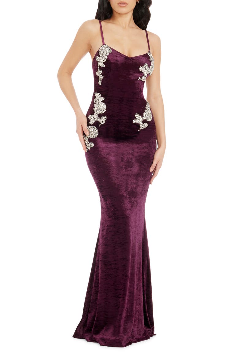 Giovanna Crystal Detail Velvet Mermaid Gown, Main, color, MIDNIGHT PLUM