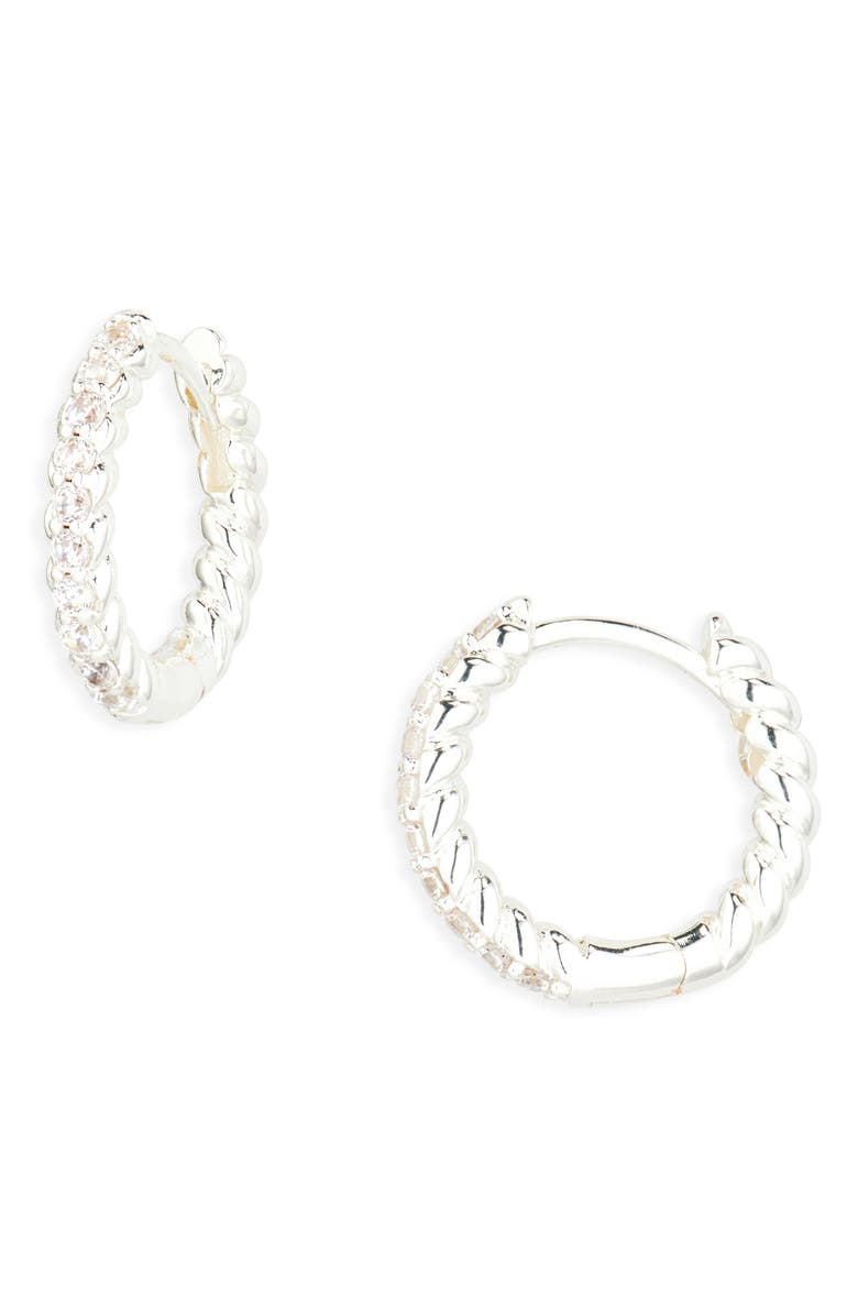 NORDSTROM RACK Demi Fine Pavé Twisted Huggie Hoop Earrings, Main, color, Clear- Silver