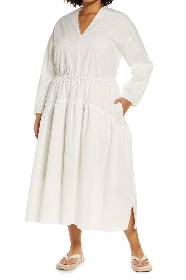 Double V-Neck Long Sleeve Cotton Dress, Main, color, OPTIC WHITE