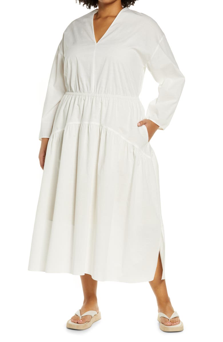 Vince Double V-Neck Long Sleeve Cotton Dress, Main, color, Optic White