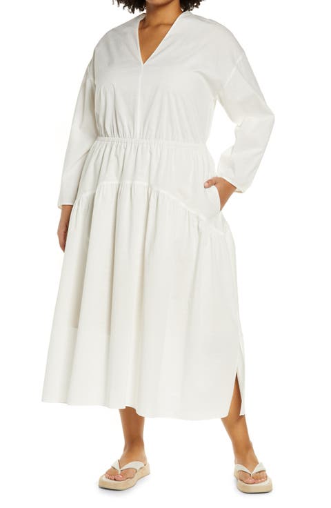 Double V-Neck Long Sleeve Cotton Dress (Plus Size)