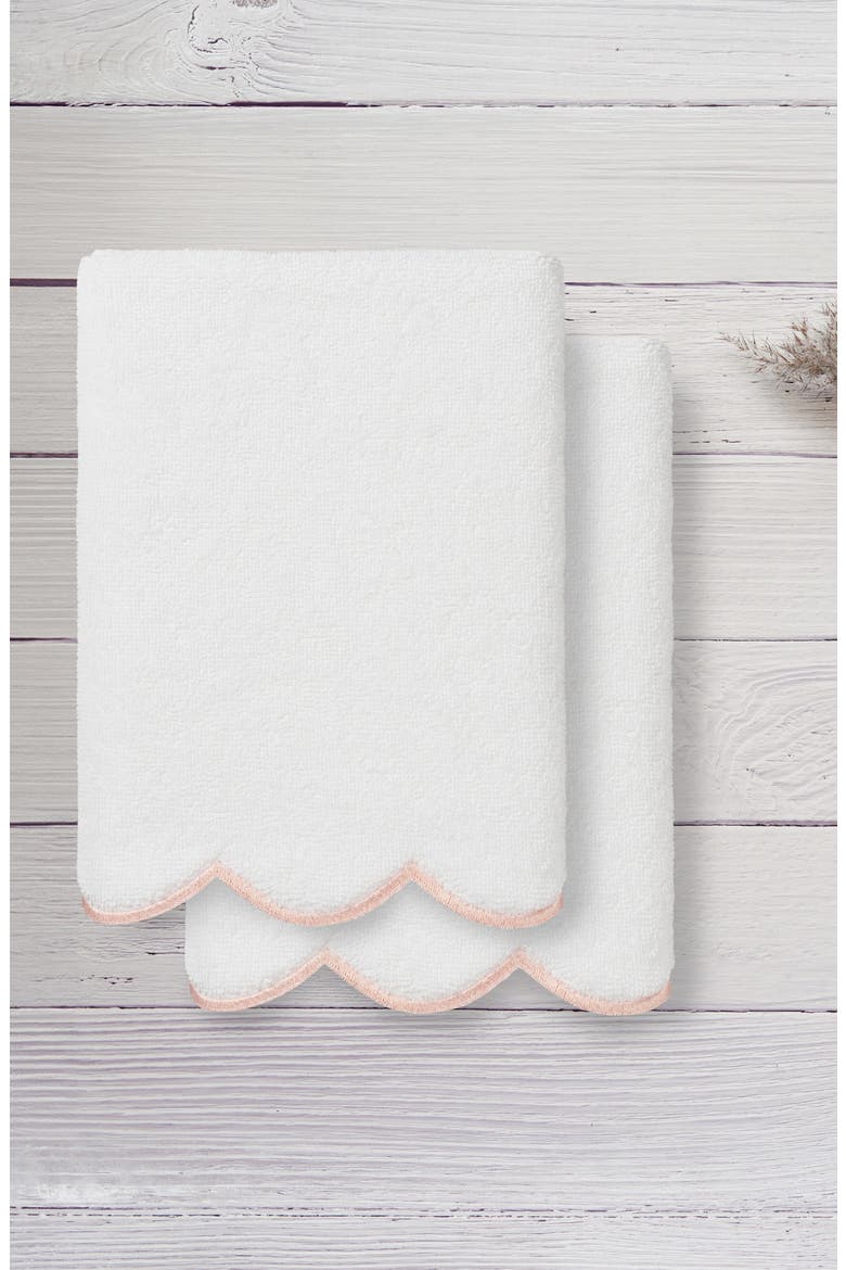 Adornia Scallop Set of 2 Hand Towels, Alternate, color, WHITE/ PINK