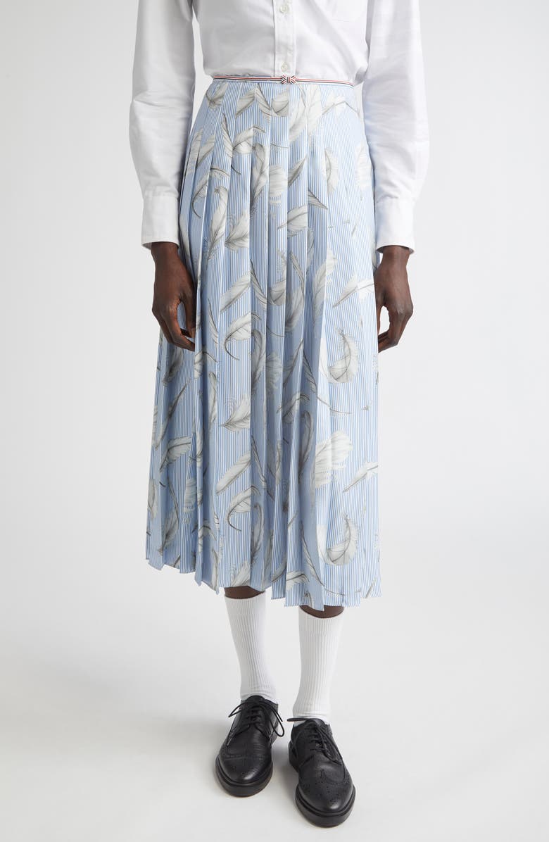 Thom Browne Pleated Feather Print Silk Twill Midi Skirt, Main, color, Light Blue