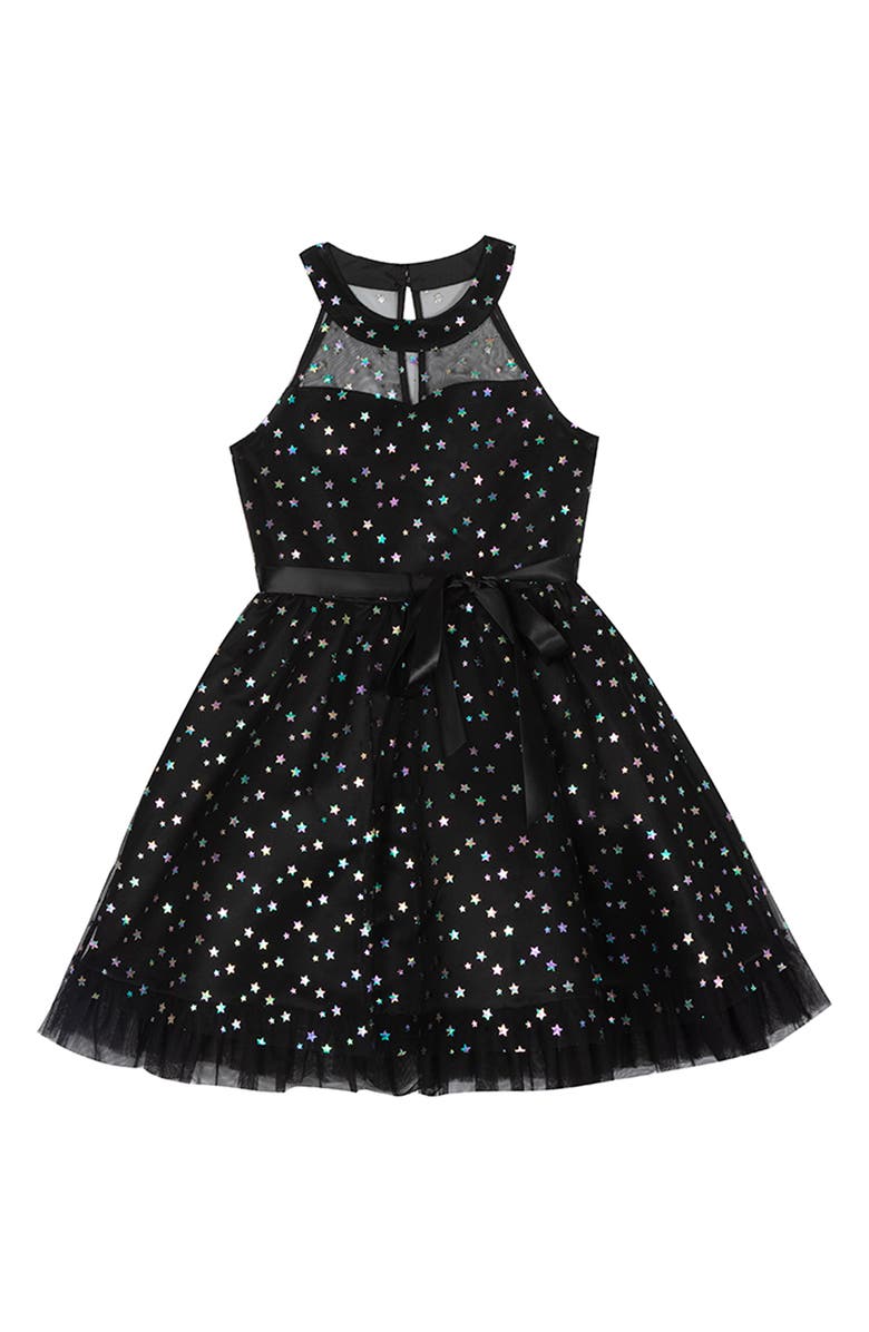 Rare Editions Kids' Star Foil Illusion Party Dress, Main, color, Black