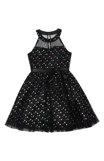 Rare Editions Kids' Star Foil Illusion Party Dress In Black